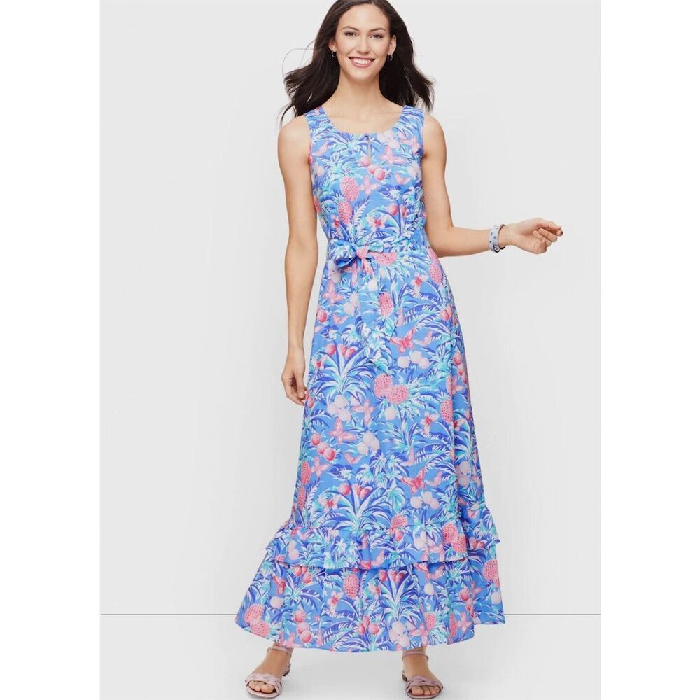 Talbots Women's Size 10 Blue Tropical Print Maxi Dress Sleeveless